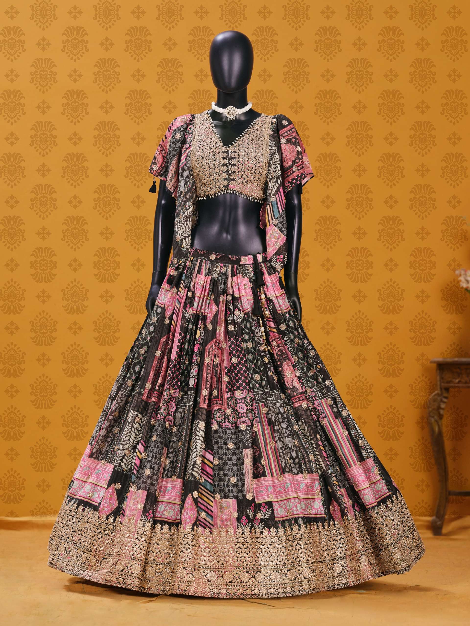 Black Multicolor in Chinnon Silk Royal and Heritage fabric Lehenga Choli wholesale in surat 7050 Black 